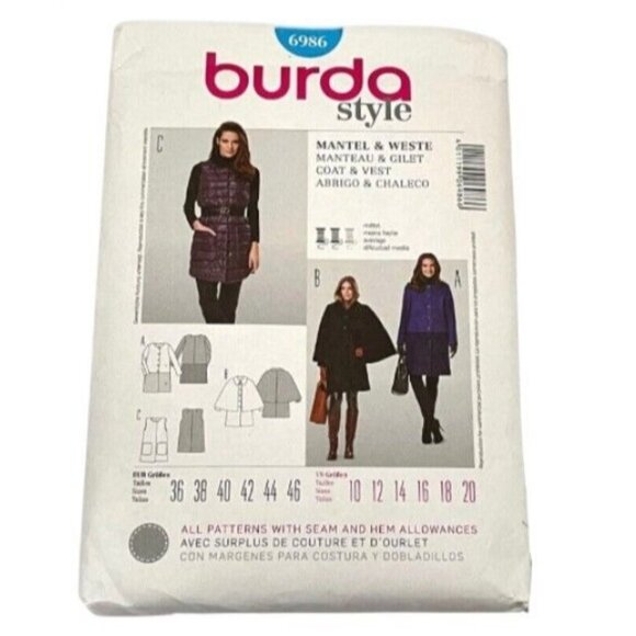 Burda Pattern 6986 Long Coat Vest Cape Jumper Dress Size 10 - 20 Winter Fall New - Picture 1 of 3